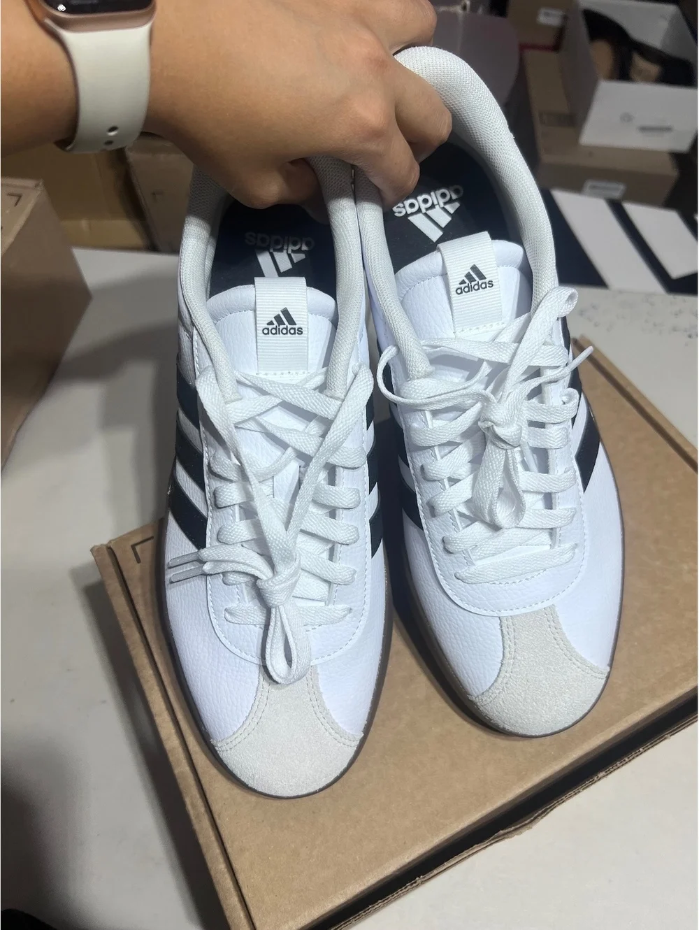 Adidas White Sneakers with Black Stripes and Brown Sole, Size 11 US